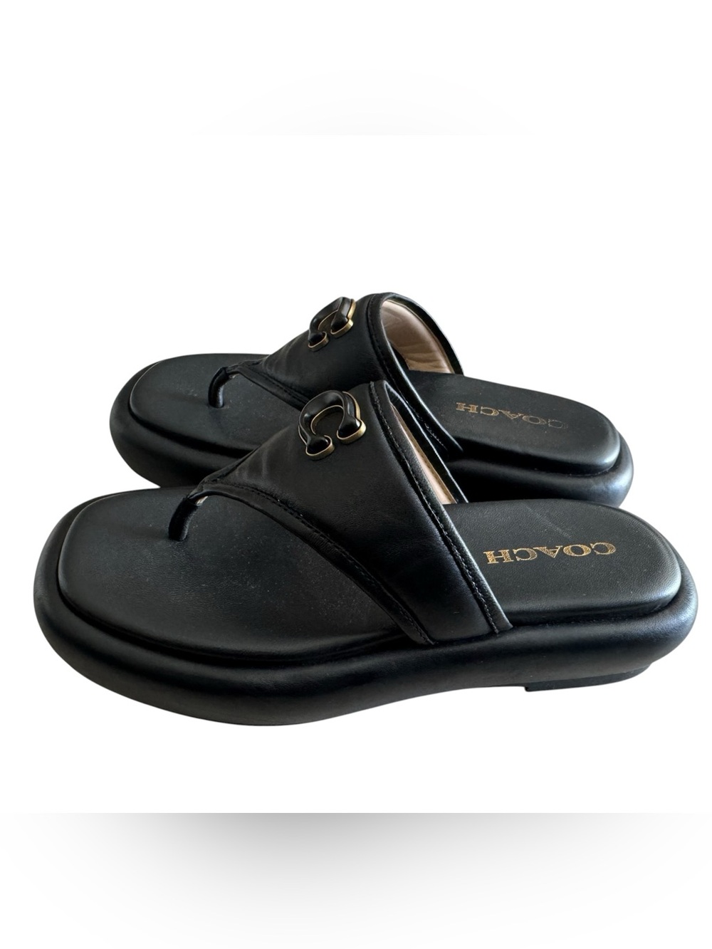 Coach Sylvie Black Leather Platform Thong Sandals with Brass 'C' Hardware - Picture 5 of 8